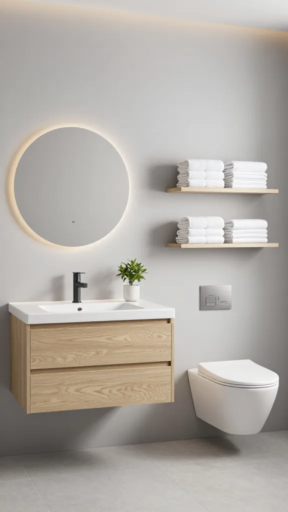 A high-quality, realistic photograph of a serene, minimalist Scandinavian bathroom. The focal point is a floating IKEA GODMORGON vanity in a light oak finish, mounted against a smooth, light grey wall. Above the vanity, a simple, frameless round mirror reflects soft, diffused light. Subtle, warm LED strip lighting is integrated beneath the vanity, casting a gentle glow. To the right, above a sleek, wall-mounted toilet, two IKEA MOSSLANDA picture ledges are neatly arranged as open shelving, holding perfectly folded stacks of crisp white towels. The bathroom floor is clear and features large format light grey tiles, enhancing the airy feel. A small, elegant green plant sits on the vanity. The overall aesthetic is clean, decluttered, and calming, emphasizing natural textures and a luxurious spa-like retreat.