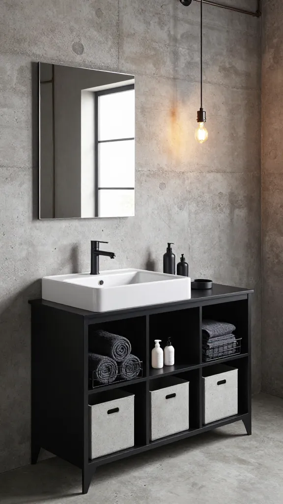 A high-resolution, professionally shot interior photograph of a modern urban industrial loft bathroom. The focal point is a sleek, matte black IKEA ENHET vanity with a crisp white integrated sink, positioned against a textured concrete wall. Adjacent to it stands a hacked IKEA IVAR shelving unit, painted matte black, serving as open storage. This unit is meticulously organized with various concrete-look storage bins and black wire baskets, neatly holding rolled dark grey towels and minimalist toiletries. Above the vanity, a large, frameless rectangular mirror reflects the room's industrial aesthetic. Two vintage-style Edison bulb pendant lights with dark metal fixtures hang at different heights, casting a warm, inviting glow. Subtle dark metal pipe details are visible, enhancing the industrial vibe. The flooring is polished concrete. The overall scene is clean, sophisticated, and highlights the clever integration of IKEA storage solutions within an edgy, raw material-focused design. Sharp focus, realistic lighting, no text.