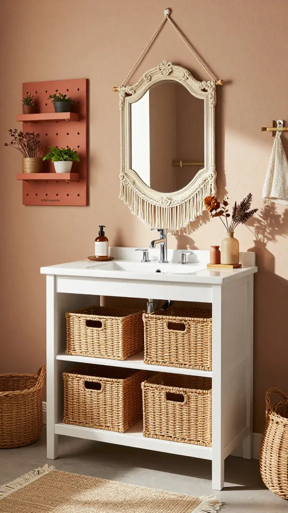 A sun-drenched, bohemian-style bathroom interior, showcasing a white IKEA HEMNES open-washstand as the central feature. Several natural-toned IKEA BRANÄS woven baskets are neatly tucked into its lower shelves, hinting at hidden storage. Above the washstand, a large, ornate vintage-style mirror with a prominent macrame hanger reflects warm natural light. On the textured wall, two IKEA SKÅDIS pegboards, painted a warm terracotta, display small potted plants and dried floral arrangements. The space is rich with natural materials, layered textiles like a fringed bath mat, and eclectic decor, conveying a relaxed, collected feel. Professional interior photography, sharp focus, warm inviting lighting, high detail, realistic.