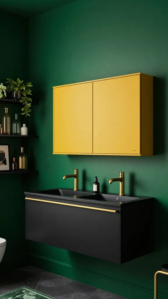 A luxurious, high-resolution photo of a moody maximalist bathroom. The walls are painted a deep, lustrous emerald green, creating an enveloping, glamorous atmosphere. A sleek, black IKEA GODMORGON floating vanity with elegant gold hardware serves as the prominent focal point, positioned centrally. Above the vanity, two IKEA EKET cabinets in a rich mustard yellow are perfectly stacked, offering a vibrant, dramatic contrast and providing closed storage. Adjacent open shelves are artfully styled with an assortment of decorative glass bottles in various shapes and sizes, some with metallic accents, alongside a few lush green plants and a small, framed abstract artwork. The room is softly lit, highlighting rich textures visible in the wall paint and possibly a dark, textured floor or rug, creating an inviting and sophisticated sanctuary. Shot with a wide-angle lens, professional interior photography.