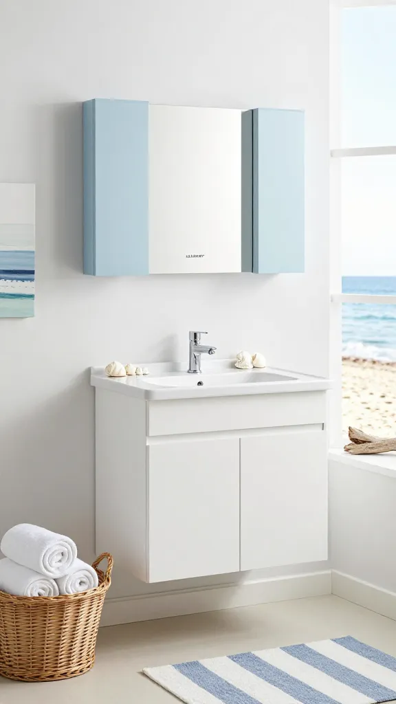 A bright, airy, and serene coastal-themed bathroom, bathed in soft natural light from a large window. The focal point is a crisp white IKEA LILLÅNGEN washbasin cabinet, compact and integrated below a simple white basin. Above the basin, a clean white-framed mirror is centered, flanked symmetrically by two wall-mounted IKEA EKET cabinets in a soft, light blue, providing discreet storage. On the counter next to the basin, a few smooth, white seashells are artfully arranged. A woven wicker basket sits on the floor nearby, overflowing with neatly rolled white towels, adding a natural texture. A blue and white striped bath mat lies on the light-colored floor, complementing the coastal palette. A small piece of weathered driftwood rests casually on a shelf, and a subtle, abstract sea-inspired artwork hangs on an adjacent wall. The scene is captured as a high-quality, realistic photograph with excellent depth of field, evoking a refreshing and breezy atmosphere.