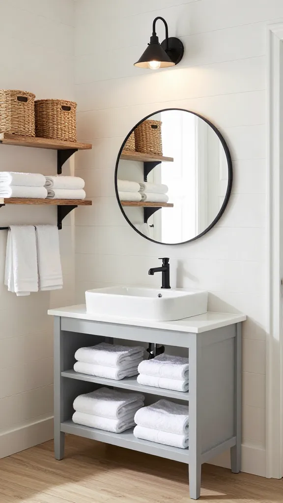 A high-quality, realistic photo of a modern farmhouse chic bathroom. The centerpiece is an Ikea HEMNES open-washstand in a light gray finish, topped with a sleek white vessel sink and a minimalist black faucet. Above the washstand, a large, round mirror with a thin matte black frame is prominently featured. On the wall beside the mirror, two Ikea KALLAX 1x2 shelf units are mounted horizontally, artfully filled with natural woven storage bins and neatly stacked, fluffy white towels. The bathroom features warm white shiplap walls, a light wood-look floor, and a charming vintage-inspired black metal sconce above the mirror, casting a soft, inviting glow. The overall scene blends rustic charm with contemporary clean lines, creating a cozy, simple, and practically beautiful space. No text.