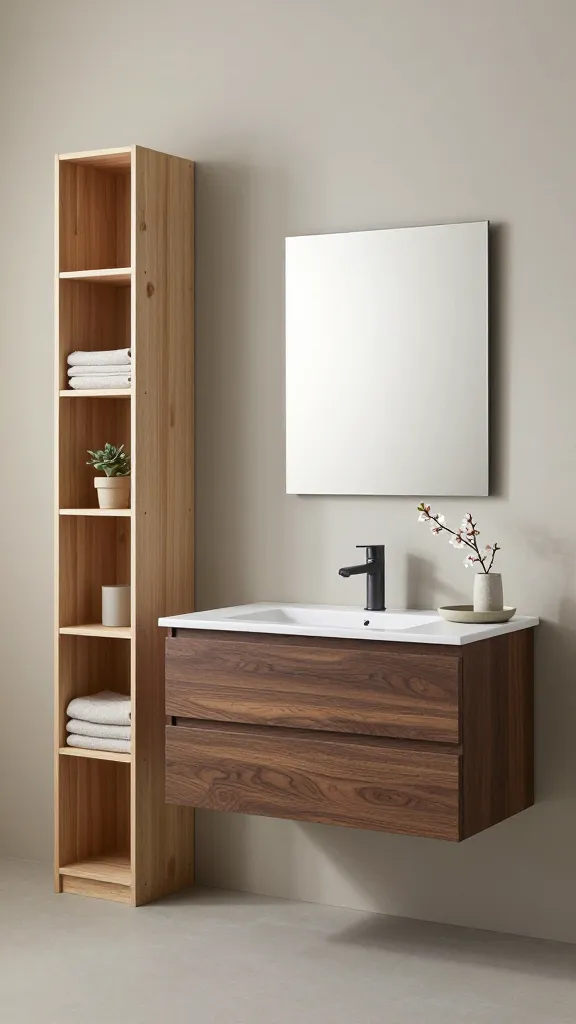 A serene Japandi-style bathroom featuring a sleek, dark wood stained IKEA GODMORGON floating vanity as the focal point, with a simple, frameless rectangular mirror mounted directly above it. To the left, a tall, narrow IKEA VILTO storage unit crafted from light birch wood stands, offering a balanced mix of open and closed shelving compartments, subtly displaying folded neutral-toned towels and a small, potted minimalist plant. The walls are painted in a muted, warm greige, complementing the natural wood tones of the furniture. On the vanity, a small, handcrafted ceramic tray holds a single, delicate branch of cherry blossoms. Soft, natural light illuminates the space, emphasizing its clean lines and functional simplicity. High-resolution, professional interior photography, natural light, no text.