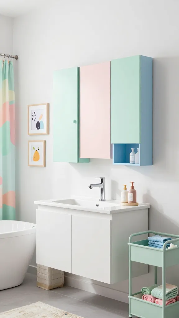 A high-quality, realistic wide-angle photo capturing a 'Playful Pastel Paradise' bathroom interior. The focal point is a sleek white IKEA LILLÅNGEN vanity with an integrated sink and modern faucet, positioned against a crisp white wall. Above it, a dynamic, artful arrangement of IKEA EKET cabinets in varying sizes is mounted, painted in soft pastel shades of mint green, blush pink, and baby blue, creating a modular and whimsical storage display. To the side of the vanity, a pastel-colored IKEA RÅSKOG utility cart is subtly placed, holding neatly rolled colorful towels and bath essentials. The bathroom is brightly lit with natural light, showcasing a whimsical shower curtain with a playful, abstract pattern in coordinating pastel hues in the background. Fun, framed wall art with quirky illustrations or abstract shapes adorns an adjacent wall, completing the joyful and light-hearted aesthetic. The overall scene is clean, inviting, and meticulously styled, with no text present.