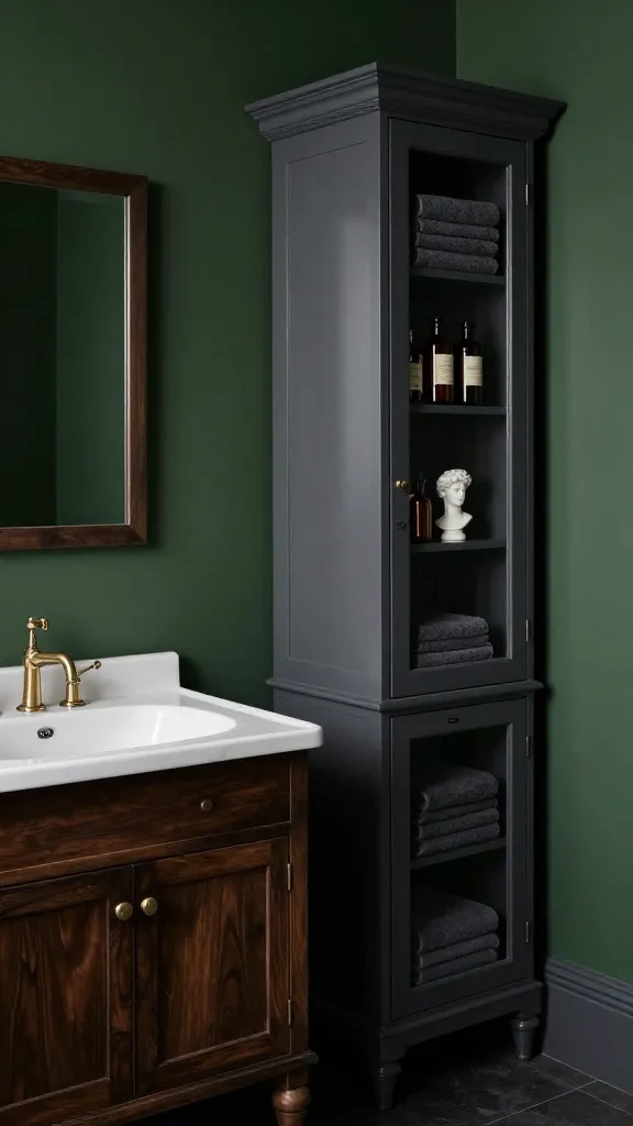 A high-quality, realistic interior design photograph of a sophisticated dark academia bathroom. The walls are painted a deep forest green, creating a rich, moody atmosphere. A dark wood IKEA HEMNES vanity with a clean white sink and a classic, vintage-style brass faucet is prominently featured. To the side, a narrow IKEA BILLY bookcase, painted a deep charcoal gray, stands tall with elegant glass doors. Inside the BILLY bookcase, neatly folded dark grey towels are arranged on one shelf, while another shelf displays an assortment of vintage-inspired amber glass bottles and a small, white classical bust. The lighting is soft and atmospheric, highlighting the deep colors and classic elements. A simple, dark-framed mirror hangs above the vanity. The flooring is a dark, matte tile. No text.