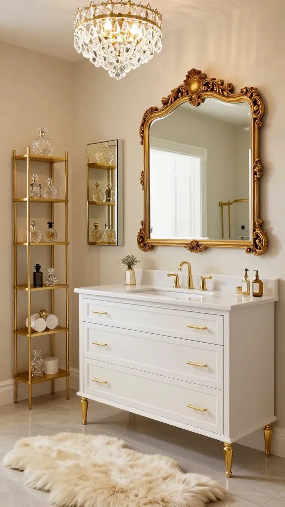 A high-quality, realistic photograph capturing an opulent Hollywood Regency style bathroom. The central feature is a pristine white IKEA GODMORGON vanity, beautifully customized with sleek gold bar handles and topped with a glistening white marble counter. Above it, a large, intricately carved gold-framed mirror serves as a dramatic focal point, reflecting the room's luxurious details. To the left of the vanity, a tall, slim IKEA VITTSJÖ shelf unit, meticulously spray-painted in a rich metallic gold, elegantly displays an assortment of vintage crystal perfume bottles and small, sparkling decorative items. On the wall opposite the vanity, a pair of flush-mounted, mirrored IKEA EKET cabinets provide discreet storage, their reflective surfaces amplifying the room's light and glamour. The space is bathed in the warm, inviting light from a multi-tiered crystal chandelier hanging from above. A soft, ivory faux fur rug is artfully placed on the polished, light-colored tile floor, adding a touch of plush texture. The overall ambiance is one of sophisticated sparkle and discreet luxury, with shiny surfaces, rich textures, and a predominant gold and white color palette. The perspective is a wide-angle medium shot, showcasing the vanity, mirror, and the adjacent storage units. No text.