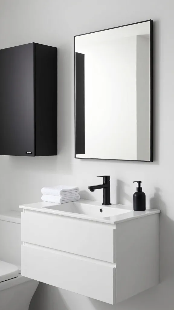 A high-quality, realistic photograph of a minimalist bathroom designed with a striking monochrome palette of black, white, and gray, emphasizing strong contrasts and sleek lines. The focal point is a stark white IKEA GODMORGON vanity featuring a modern black faucet. Above the vanity hangs a large, simple black-framed rectangular mirror. To one side, sleek black IKEA EKET wall cabinets are mounted, providing discreet, clutter-free storage for essentials. White fluffy towels are neatly folded on the vanity, complemented by a few minimalist black accessories like a soap dispenser. The space is impeccably clean and perfectly curated, bathed in soft, natural light, creating an atmosphere of sophisticated serenity. Sharp focus, high resolution, no text.