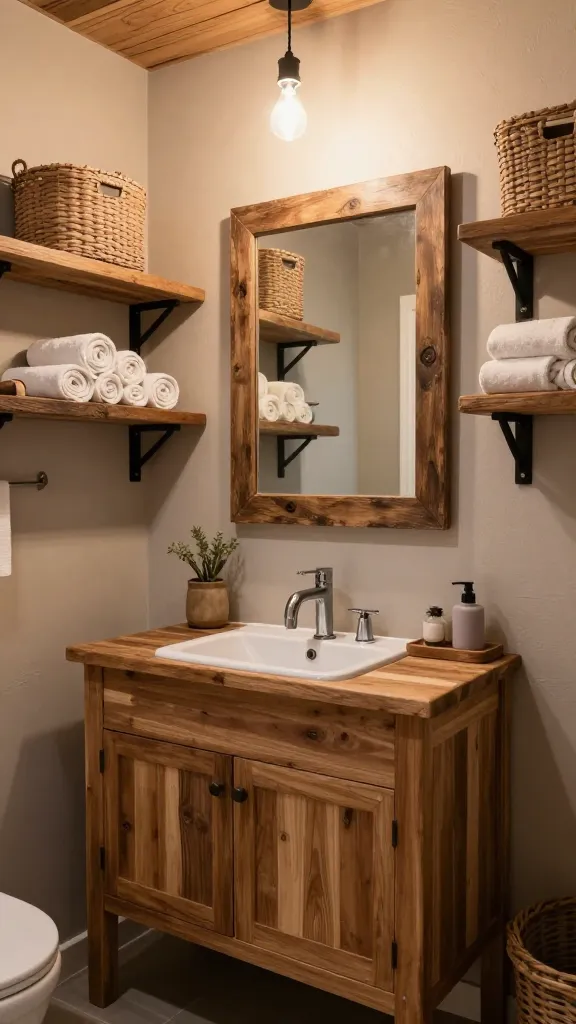 A high-quality, realistic photograph of a warm, inviting rustic cabin-style bathroom. The central feature is a raw wood-effect IKEA ENHET vanity, exuding rugged charm and handmade authenticity. Above the vanity, dark, reclaimed wood shelves, supported by sturdy black pipe brackets, replace traditional wall cabinets. These shelves elegantly display woven storage baskets and neatly rolled, plush towels. A large, weathered rustic mirror hangs prominently above the vanity. A single, simple pendant light with an exposed bulb casts a soft, inviting glow from the ceiling. The walls are painted in earthy tones, complementing the natural wood elements and enhancing the cozy retreat ambiance. Natural lighting, no text.