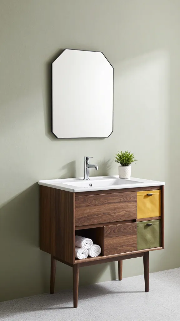 A high-resolution, professionally shot architectural photograph of a stylish mid-century modern bathroom. The focal point is a sleek, dark wood IKEA GODMORGON floating vanity, expertly customized with elegant, tapered dark wood legs, giving it a classic 1950s/60s aesthetic. Above the integrated white ceramic sink, a striking geometric mirror with a thin black metal frame is mounted on a subtly textured light sage green wall. To the side, a low, horizontal IKEA KALLAX unit is positioned, featuring a mix of open cubbies displaying neatly rolled white hand towels and a small, sculptural plant, alongside cubbies fitted with fabric storage inserts in period-appropriate colors of mustard yellow and muted olive green. The room is bathed in soft natural light, highlighting the clean lines, organic shapes, and functional beauty. The flooring is a light grey terrazzo, and a simple, modern chrome faucet completes the vanity. No text.