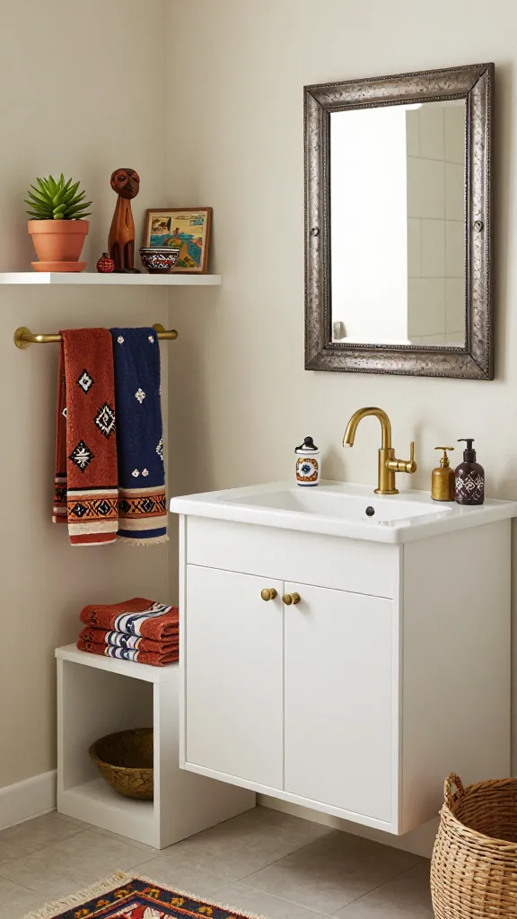A high-quality, realistic photograph of an eclectic global traveler-style bathroom. The central focus is a clean white IKEA LILLÅNGEN vanity with its integrated sink and a sleek, modern brass faucet. Above the vanity, a unique, ornate mirror with a hammered metal or carved wood frame reflects a subtly patterned wall. To the left of the vanity, an IKEA MOSSLANDA picture ledge is utilized as open shelving, showcasing a carefully curated collection of global artifacts: a small terracotta pot with a vibrant green succulent, a hand-carved wooden animal figurine from Africa, a small, colorful ceramic bowl from Mexico, and a framed vintage travel postcard. Below this, a compact, white IKEA EKET cabinet with a single door is subtly integrated into the design, providing discreet closed storage. Richly patterned, Moroccan-style towels in warm terracotta, deep blue, and cream hues are artfully layered on a nearby brass towel bar and neatly folded beside the sink. The bathroom features a neutral base with light cream walls, allowing the vibrant accessories and textiles to stand out. Textures include a small, woven kilim rug on the floor, a decorative woven basket, and a mix of ceramic and metallic decorative items. Soft, warm lighting from a sconce or natural light enhances the inviting, well-traveled atmosphere.