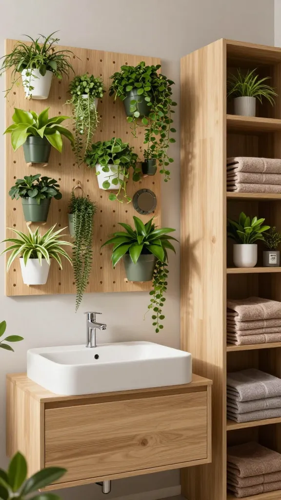 A serene, spa-like bathroom sanctuary bathed in soft natural light. A sleek, light wood GODMORGON vanity with a white integrated sink is the focal point. Above it, multiple SKÅDIS pegboards form a vibrant vertical garden, densely covered with small potted green plants and trailing vines hanging at varying heights. To the side, a tall VILTO storage unit in light wood holds neatly folded, soft earthy-toned towels and additional potted greenery on its shelves. The overall atmosphere is lush, calming, and deeply connected to nature, with an abundance of real plants creating a fresh, oasis-like feel. Realistic, high-resolution, professional photography, no text.