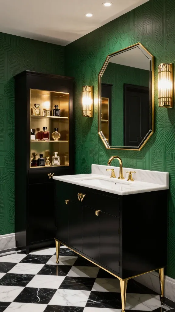 Photorealistic image of a lavish Art Deco bathroom. Dominating the scene is a sleek, black IKEA GODMORGON vanity, featuring a polished white marble countertop with integrated sinks and gleaming gold faucet hardware. Above it, a large, ornate geometric mirror with a gold frame reflects the room's opulent details. To the left, a tall, slim black IKEA EKET cabinet stands, its doors fitted with elegant Art Deco-inspired gold pulls. On an adjacent wall, a metallic gold IKEA VITTSJÖ shelf unit stylishly displays an array of vintage perfume bottles and small, polished brass decorative objects. The walls are adorned with a deep emerald green wallpaper featuring subtle geometric patterns, while the floor is laid with a classic black and white marble checkerboard tile. Soft, warm light from recessed ceiling fixtures and a pair of decorative Art Deco wall sconces illuminates the space, emphasizing its sophisticated drama and luxurious, Gatsby-esque ambiance.
