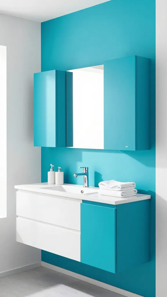 A vibrant and modern bathroom interior, captured in a high-resolution, professional photograph. The focal point is a sleek white IKEA LILLÅNGEN vanity with an integrated sink and a minimalist mirror above it, positioned against a single accent wall painted in a bright, energetic turquoise. Two matching turquoise IKEA EKET wall-mounted storage cabinets are strategically placed on this turquoise accent wall, creating a cohesive and bold color pop. The surrounding walls are pristine white, allowing the turquoise to truly shine. Crisp white folded towels are neatly stacked on the vanity, alongside simple white ceramic accessories like a soap dispenser and a toothbrush holder. Natural light streams into the room, illuminating the fresh and joyful atmosphere. The overall aesthetic is clean, functional, and full of personality, showcasing a playful yet sophisticated design.