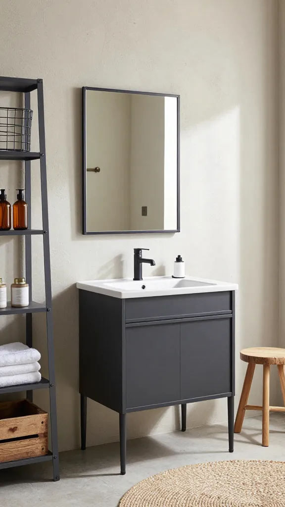 A professional, high-resolution, eye-level photograph capturing a sophisticated industrial farmhouse fusion bathroom. The central feature is a dark gray IKEA ENHET vanity with a crisp white integrated sink and a sleek matte black faucet. Above the vanity, a large, rectangular industrial-style mirror with a prominent matte black metal frame. To one side, an open IKEA KALLAX shelving unit, painted a deep charcoal gray, is meticulously styled with a mix of black matte wire baskets and natural, rustic wooden crates, holding neatly folded white towels and amber-bottled toiletries. A small, light-toned wooden stool with a simple design sits beside the vanity, and a round, textured jute rug partially covers the light concrete-look tile floor. The walls are a blend of subtle concrete texture and a warm, off-white paint. Natural light streams into the space, creating soft shadows and highlighting the textures, resulting in a strong yet inviting atmosphere.