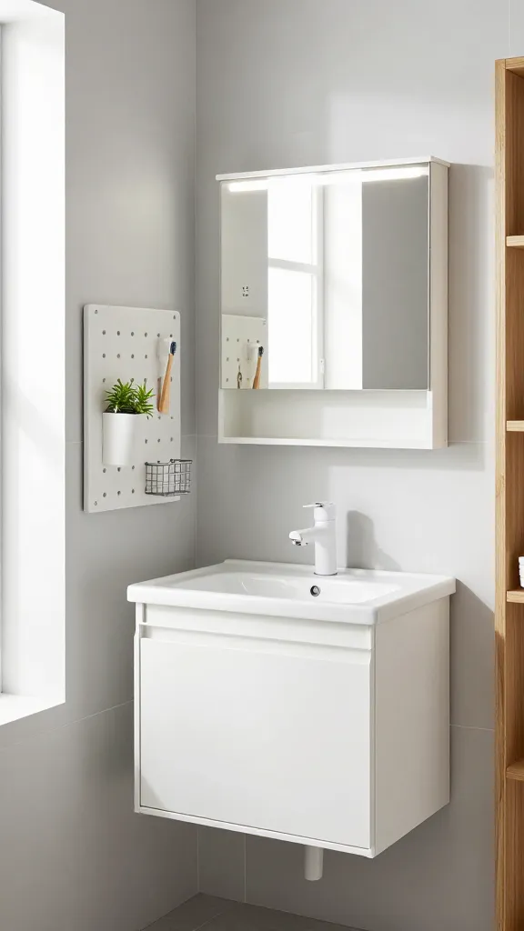 A high-quality, realistic photo of a tiny, minimalist bathroom designed for maximum efficiency. The focal point is a compact, wall-mounted white IKEA LILLÅNGEN vanity with an integrated sink, positioned against a light grey tiled wall. Above the vanity, an IKEA STORJORM mirror with integrated LED lighting and a slim storage shelf is perfectly centered. To the left, a tall, slim white IKEA HEMNES wall cabinet extends vertically, showcasing clever use of space. On an adjacent wall, a white IKEA SKÅDIS pegboard is neatly organized with minimalist bathroom essentials like a small plant, a toothbrush holder, and a small wire basket, ensuring the countertop remains clear. The room is brightly lit by natural daylight, emphasizing the clean lines, white fixtures, and light wood accents, creating a serene and exceptionally space-efficient aesthetic. No text on images.