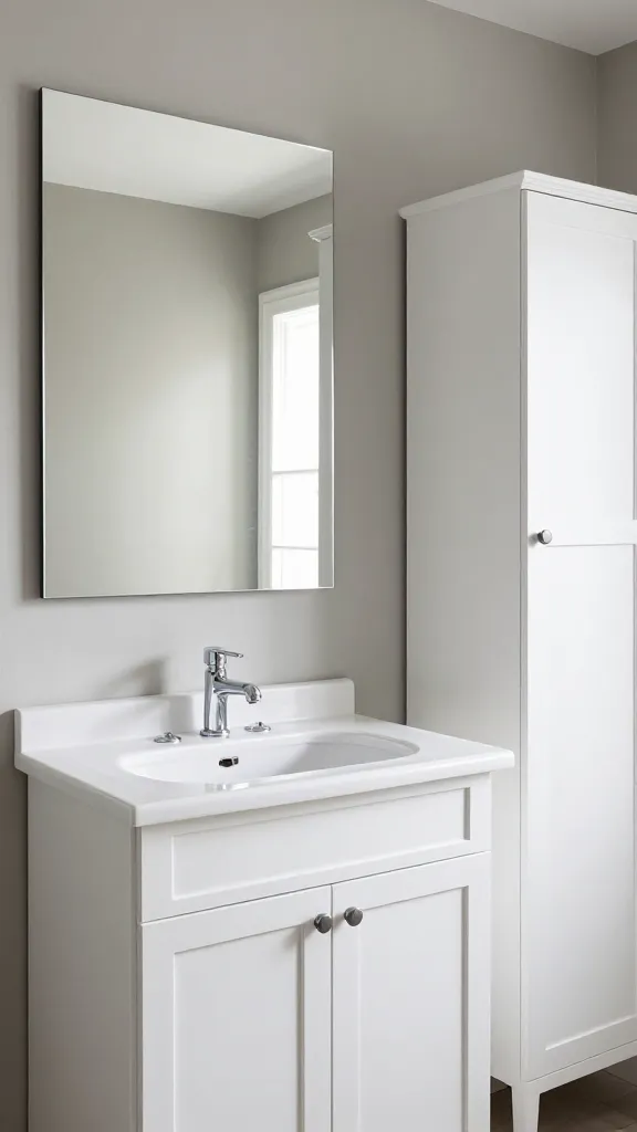A realistic, high-quality photograph of a timeless and elegantly designed bathroom. The central feature is a white IKEA HEMNES vanity with classic paneling, topped with an integrated white sink and a sleek polished chrome faucet. Above the vanity, a large, rectangular mirror with a minimalist, simple frame reflects the refined space. To the right of the vanity, a tall, matching white IKEA HEMNES linen cabinet stands gracefully, providing cohesive and ample storage. The walls are painted in a soft, muted greige, enhancing the sophisticated atmosphere. The overall aesthetic relies on traditional elements and high-quality finishes, with soft, diffused natural light illuminating the scene. No text.
