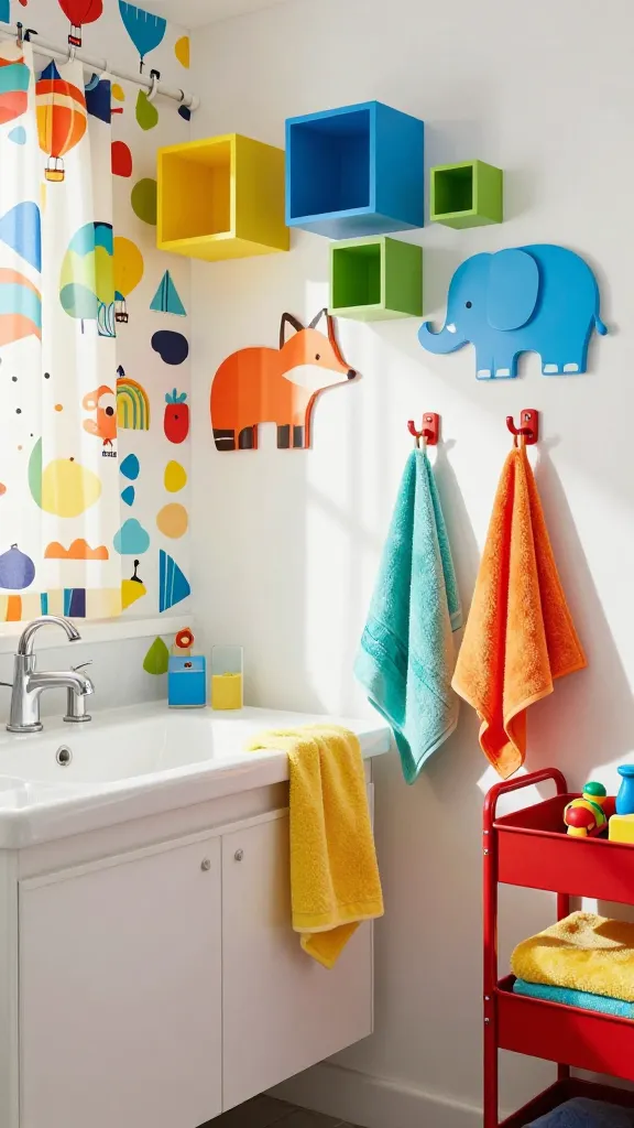 A high-quality, realistic photograph of a modern, whimsically designed bathroom interior, bathed in bright, natural light streaming from an unseen window. The focal point is a pristine white IKEA LILLÅNGEN vanity with an integrated sink and faucet, positioned against an accent wall adorned with vibrant, playful patterned wallpaper featuring cheerful, stylized abstract shapes in primary and secondary colors. Above and to the side of the vanity, colorful IKEA EKET storage cubes in various sizes (e.g., a small yellow square, a medium blue rectangle, a small green square) are mounted on the wall in a scattered, playful, building-block-like arrangement. Below these cubes, quirky, oversized animal-themed hooks (e.g., a cheerful orange fox, a bright blue elephant) are attached to the wall. A fun, brightly patterned shower curtain with a whimsical design (e.g., floating hot air balloons, stylized cartoon clouds) is visible in the background, partially drawn. Plush, brightly colored towels in shades of turquoise, sunny yellow, and vibrant orange are neatly folded on the vanity and hanging from the animal hooks. A vivid red IKEA RÅSKOG utility cart stands in the corner, holding more colorful towels and a few playful bath toys. The overall atmosphere is light-hearted, joyful, and full of childlike wonder, captured with sharp focus, realistic textures of ceramic, matte wood, and soft fabric, and excellent lighting, suitable for a professional interior design magazine. No text.