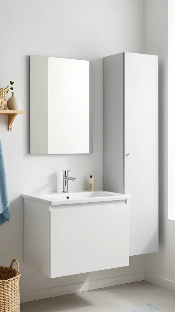 A high-quality, realistic photo of a modern coastal chic bathroom. The focal point is a floating white IKEA GODMORGON vanity with a sleek integrated sink and a minimalist chrome faucet. Above it, a large, simple rectangular mirror with clean lines. To one side, a tall, slim IKEA ENHET cabinet in a light gray finish stands neatly, providing ample, tucked-away storage. Light wood IKEA LACK shelves are mounted on the wall, holding a couple of woven natural fiber baskets and a small, understated ceramic vase with a single green leaf. The color palette is dominated by crisp whites, sophisticated muted blues (perhaps in towels or subtle wall art), and warm natural wood tones. The room is brightly lit with natural light, emphasizing the airy, clean, and uncluttered aesthetic. Materials include smooth white surfaces, natural wood, and textured woven elements, all contributing to a sleek yet inviting atmosphere. No text on images.