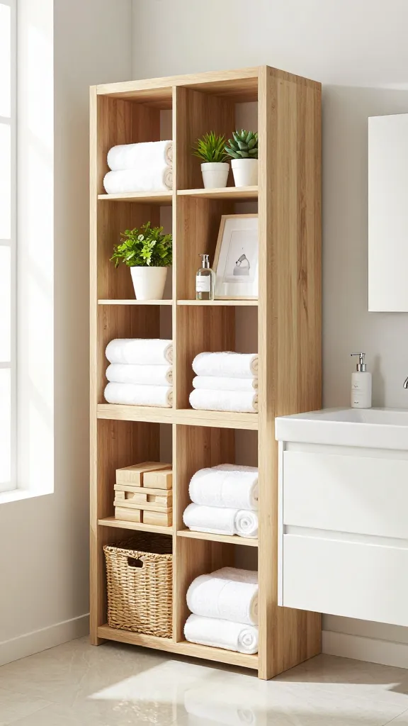 A bright, high-resolution, professional interior photograph of a modern, airy bathroom. The focal point is a large, light wood IKEA KALLAX 2x4 unit positioned vertically against a clean, light-colored wall, serving as open storage. Its cubbies are thoughtfully styled: some hold neatly rolled white bath towels, others contain natural-toned IKEA BRANÄS rattan baskets, while a few are left open to display small, vibrant green potted plants (like a succulent or a fern), a minimalist framed art print, and elegant clear glass bottles of bath essentials. Adjacent to it, a sleek, white IKEA HEMNES open-washstand with a single basin maintains a light footprint, subtly styled with a simple chrome faucet and an elegant white soap dispenser. The bathroom is flooded with natural light from an unseen window, creating soft shadows and highlighting the texture of the materials. The overall aesthetic is serene, organized, and functional, with storage seamlessly integrated into the decor. Clean, light-colored floor tiles reflect the bright ambiance. No text on images.