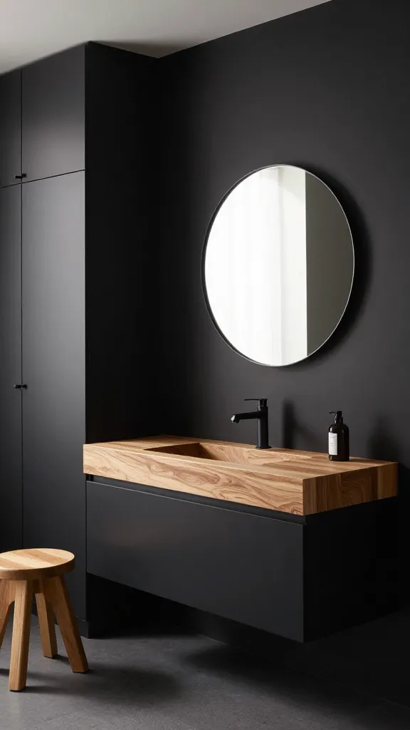 A high-resolution, professional photograph of a sophisticated and modern bathroom, showcasing a striking black and warm wood contrast. The focal point is a sleek, matte black IKEA GODMORGON floating vanity, topped with a custom-cut, light natural wood IKEA KARLBY kitchen countertop that highlights its beautiful grain. Centered above the vanity is a large, elegant round mirror with a thin black frame. To the left, a tall, integrated black IKEA ENHET wall storage unit provides seamless, hidden storage, maintaining the dark, minimalist aesthetic. A small, minimalist light wood stool sits beside the vanity, offering a warm, grounding accent. The room is bathed in soft, natural light from an unseen window, creating subtle shadows and emphasizing the clean lines and rich textures of the dark tones and warm wood. The overall mood is grounded, incredibly stylish, and meticulously designed.