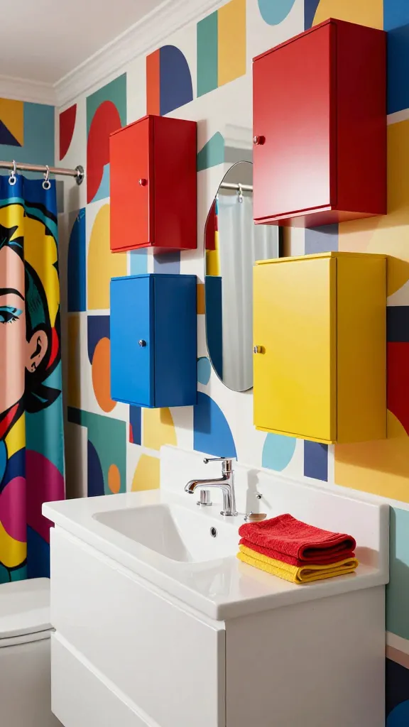 A vibrant, playful retro Pop Art bathroom, captured in a high-resolution, professional interior photograph. The scene prominently features a sleek white Ikea LILLÅNGEN vanity with its integrated sink. Above and around it, several Ikea EKET cabinets in bold primary colors (red, blue, yellow) are mounted on the wall in an asymmetrical, dynamic arrangement, serving as eye-catching storage. The walls are covered in a bold geometric wallpaper with abstract shapes and bright, contrasting colors. A quirky, irregularly shaped mirror hangs above the vanity. A graphic shower curtain, featuring a large Pop Art design, is visible in the background. Neatly folded towels in matching primary colors are placed on the vanity. The overall impression is energetic, stylish, and full of irreverent charm, bathed in natural light with sharp focus and no text.