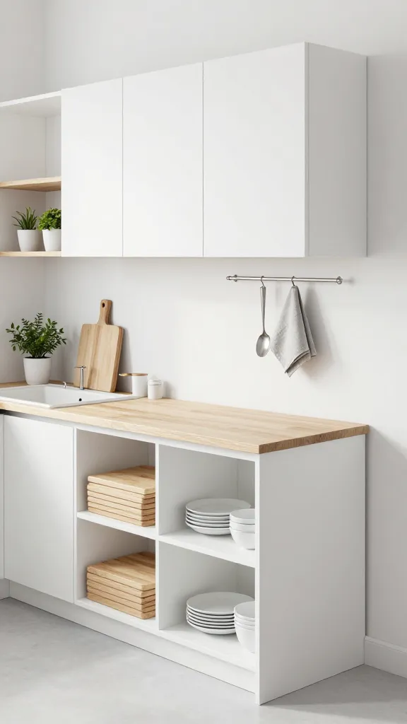 A high-angle, realistic, high-quality photograph of a small, impeccably organized Scandi-minimalist kitchen. Crisp white flat-panel cabinets and walls create an expansive, airy feel. A white KALLAX shelf unit functions as a compact kitchen island, topped with a light wood PINNARP-style countertop. Its open cubbies display neatly stacked light wood cutting boards and simple white ceramic dishes. Above the integrated sink, a small section of natural pine IVAR-style wall shelving holds minimalist green plants in white pots. A discreet SUNNERSTA-style rail is mounted beneath an upper cabinet, holding two stainless steel utensils. Subtle grey linen dish towels are neatly folded. The space is bathed in soft natural light, emphasizing clean lines and natural textures, with absolutely no clutter visible. No text.
