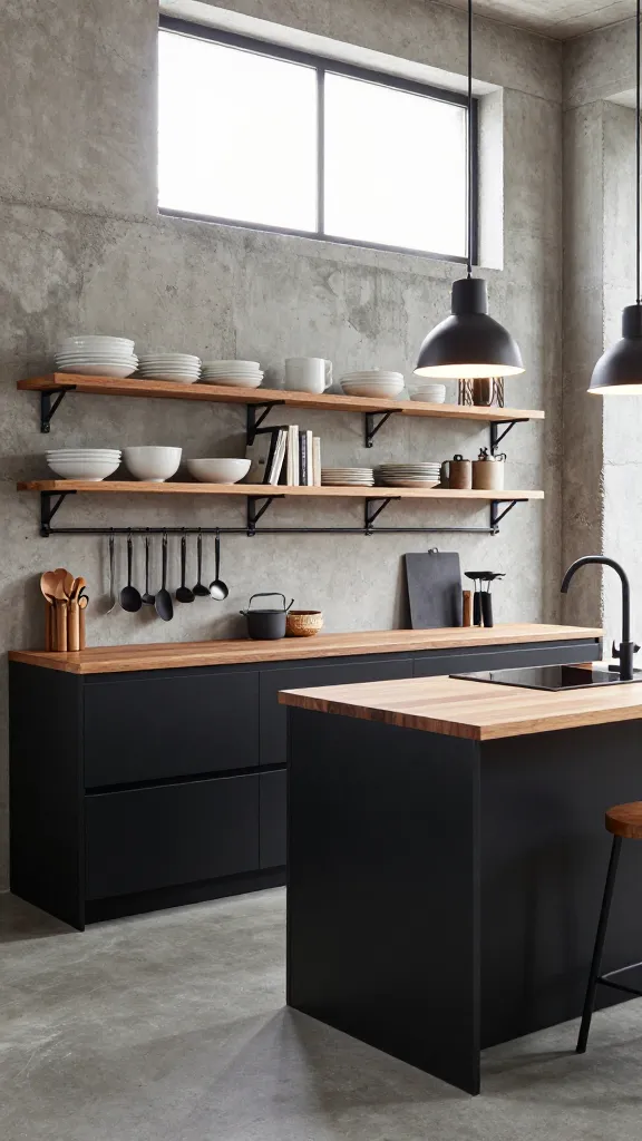 A high-resolution, professional photograph of a compact, industrial-style kitchen in an urban loft apartment. The design showcases a sophisticated blend of raw textures and modern functionality. Sleek LERHYTTAN-style black base cabinets are paired with a warm, solid wood countertop, set against an exposed concrete wall that provides an edgy, unfinished backdrop. Above the main counter, KUNGSFORS-style black metal rails are mounted, holding a selection of minimalist kitchen tools. Prominently featured are EKBY JÄRPEN-style warm wooden open shelves, supported by EKBY LERBERG-style black metal brackets, neatly displaying a collection of simple white stoneware dishes and a few artfully arranged cookbooks. A small VADHOLMA-style kitchen island, with its light wood butcher block top and black metal frame, stands centrally, offering both extra prep space and open storage with a woven basket visible below. Two industrial-style black metal pendant lights hang above the island, casting a focused glow. Natural light from a large, loft-style window in the background illuminates the space, enhancing the raw textures and creating a clean, functional, and cool urban vibe. The flooring is polished concrete. No text on image.