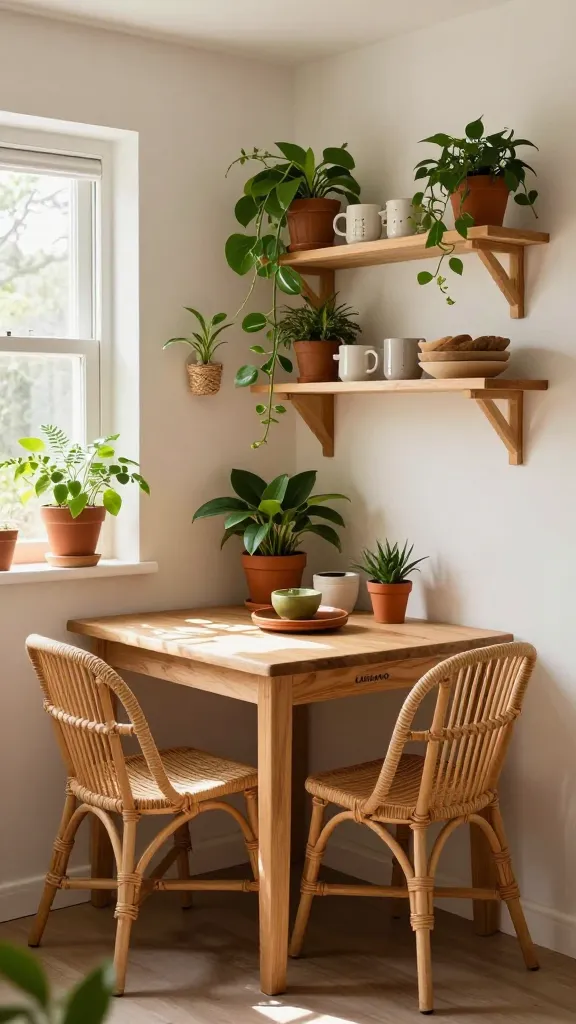 A realistic, high-quality, eye-level photograph capturing a small, inviting Boho Botanical Haven kitchen. The compact space features a warm, earthy color palette of terracotta, natural wood, and creamy whites. A small, light wood LISABO dining table is positioned in a corner or against a wall, accompanied by two stylish rattan NORDVIKEN chairs, creating a casual dining spot. Above and around the table, lush greenery abounds, with several potted plants, some hanging from SKURAR plant pots, others arranged on open wooden shelves. These shelves also display a curated collection of handmade ceramic mugs, bowls, and rustic wooden serving pieces. Sunlight streams through a window, illuminating the natural textures of rattan, wood, and earthenware, emphasizing the free-spirited, relaxed, and cozy atmosphere. Pops of vibrant green from the plants provide a refreshing contrast to the warm tones. No text.