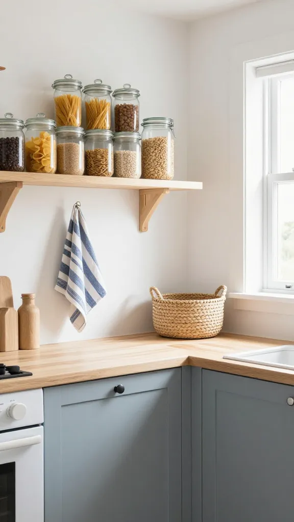 A high-quality, realistic photograph capturing a small kitchen designed in a serene Coastal Breeze Retreat style. The kitchen features crisp white walls and elegant BODBYN grey-blue cabinet fronts, complemented by natural light wood countertops and open shelving. Abundant natural light floods the space, creating an airy and inviting atmosphere. Decor details include transparent glass jars filled with various pasta and grains, neatly arranged on a shelf. A KUNGSBLOMMA-style striped blue and white dish towel hangs gracefully. A FLÅDIS-style woven natural fiber basket sits on the counter, adding a beachy texture. Subtle sandy beige accents are woven throughout the decor, enhancing the tranquil, beach house aesthetic. No text on image.