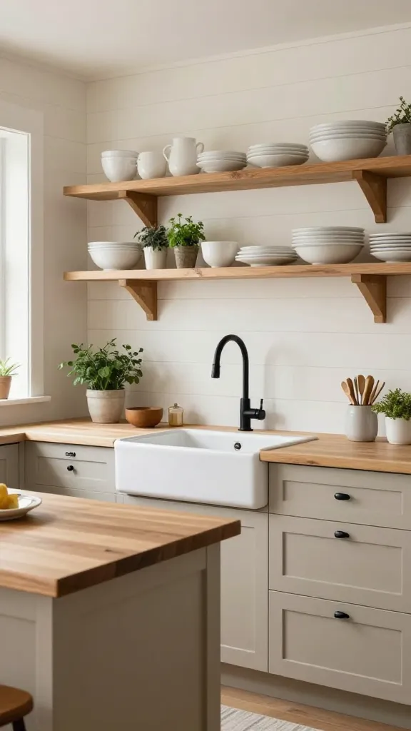A realistic, high-quality photograph of a small modern farmhouse kitchen. Shiplap-inspired wall panels in a warm, neutral off-white provide a cozy backdrop. Above light-toned countertops, open oak-effect wooden shelving displays neatly arranged white ceramic dishes and small potted herbs. A visible, deep white ceramic apron-front sink with a sleek matte black gooseneck faucet is centered under a window. Base cabinets in a soft, warm neutral color feature minimalist black metal hardware. A compact, light wood kitchen island with a butcher block top, reminiscent of the STENSTORP cart, sits in the foreground, offering extra prep and storage. The space is bright with natural light, emphasizing a welcoming yet sophisticated atmosphere. No text.