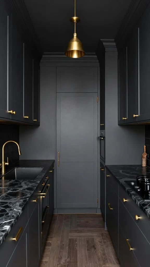 A high-angle, professional interior design photograph of a small, moody glam galley kitchen. Deep charcoal grey LERHYTTAN-style flat-panel cabinets line both walls, featuring elegant brass pull handles and a matching brass gooseneck faucet. Dark marble-effect countertops provide a luxurious contrast. Integrated appliances are seamlessly concealed behind cabinet panels, contributing to the sleek, uncluttered lines. A single, dramatic brass pendant light hangs centrally over the narrow walkway, casting a warm glow. The overall aesthetic is sophisticated, chic, and surprisingly spacious despite its compact footprint. Natural light subtly highlights the metallic accents and rich textures. Realistic, high-quality, no text.