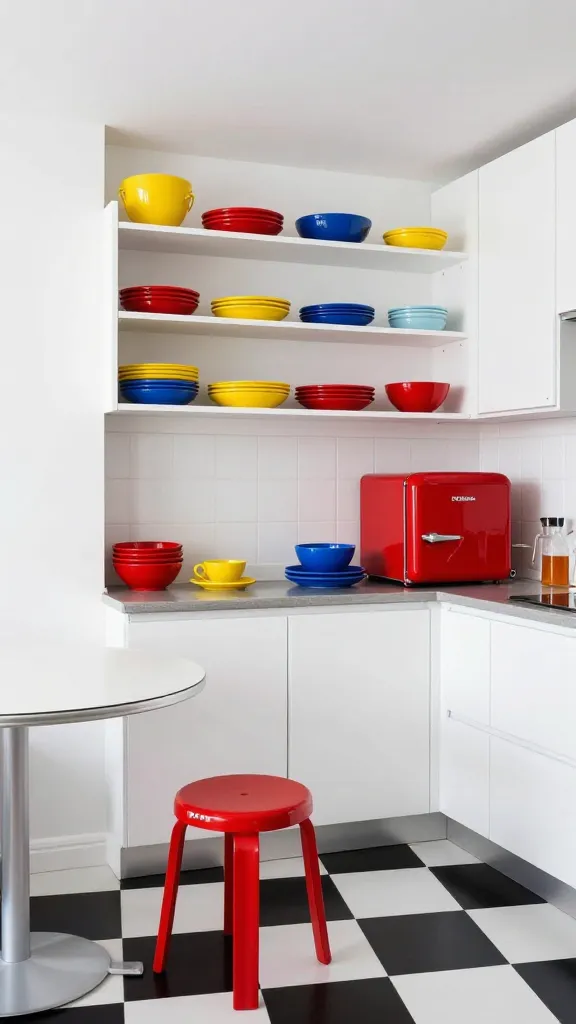 A vibrant, retro-pop small kitchen interior, captured in a high-resolution, realistic photograph. The compact space features clean white walls and cabinetry as its base, contrasted by a lively black and white checkerboard floor. Prominently displayed is a VADHOLMA open shelving unit, showcasing an array of colorful dishes in bright primary red, yellow, and blue. A small, round TÄRENDÖ table with a single, vivid red ADDE stool sits invitingly. Compact, vintage-inspired appliances, such as a cheerful red retro-style mini-fridge, add to the diner vibe. The kitchen is bathed in bright, natural light, highlighting its playful and energetic personality. Professional photography, sharp focus, no text on image.