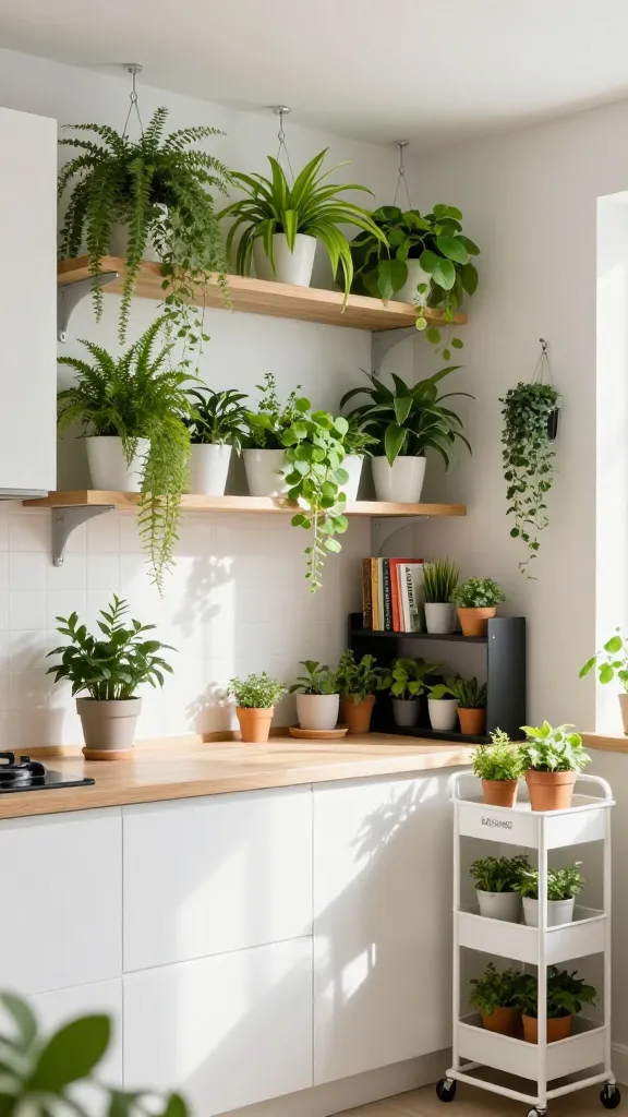 A high-quality, realistic medium shot photo of a small, sunlit kitchen designed as an 'urban jungle oasis'. The kitchen features clean white base cabinetry, light natural wood open shelving, and a matching countertop. Above the countertop, a KUNGSFORS wall-mounted rail system holds several white containers overflowing with fresh green herbs, demonstrating smart vertical gardening. Lush, varied hanging plants cascade gracefully from ceiling hooks and the upper open shelves, creating a vibrant, layered canopy. In a well-lit corner, a black VITTSJÖ shelf unit is artfully styled with a collection of small potted plants and a few colorful cookbooks, adding depth and personality. A white RÅSKOG utility cart, repurposed with additional plant pots on its tiers alongside kitchen essentials, is subtly integrated into the design. Natural light floods the space, enhancing the vivid greens of the foliage against the calming white and natural wood backdrop, creating a serene, inviting, and highly functional small kitchen environment.