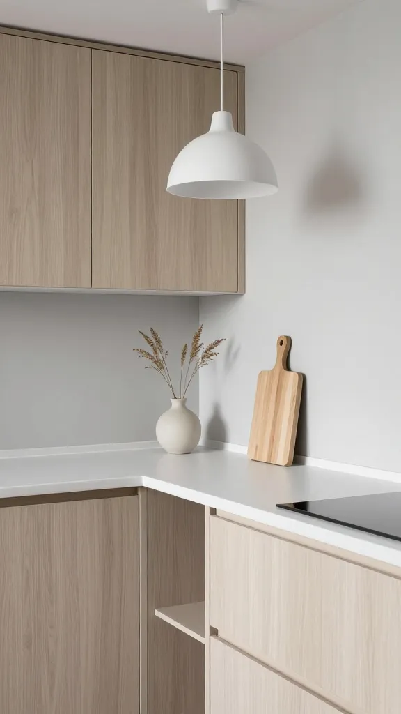 A high-quality, realistic photograph capturing a serene Japandi-style IKEA small kitchen. The compact space features clean lines and an uncluttered aesthetic, bathed in soft, natural light. The color palette is dominated by soft greys, crisp whites, and light ash effect natural wood cabinetry (reminiscent of IKEA ASKERSUND doors) with integrated, handleless fronts. Matte white countertops extend across the functional layout, complemented by a subtle light grey backsplash. Thoughtful, hidden storage solutions are seamlessly integrated throughout, maintaining a pristine appearance. A single, minimalist, matte white dome-shaped pendant light (like IKEA FOTO) hangs centrally over a small workspace. On the pristine countertop, a simple, natural-toned ceramic vase holds a few delicate dried grasses, and a slender wooden cutting board leans against the wall, adding a touch of organic warmth. The overall atmosphere is calm, functional, and elegantly simple. Eye-level perspective, no text.