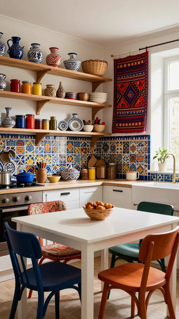 A high-quality, realistic photo of a small, vibrant eclectic global bazaar style kitchen. The compact space features a bold, patterned backsplash with intricate Moroccan-inspired tiles in blues, oranges, and yellows. To the left, natural wood IKEA IVAR open shelving units are artfully arranged, displaying a collection of unique, hand-painted pottery from various cultures, colorful spice jars, woven baskets, and small travel souvenirs. A vibrant, richly patterned textile art piece, possibly hung from an IKEA DIGNITET curtain wire, adorns a wall section, adding a burst of color. In the foreground, a simple, elegant white IKEA LIATORP dining table is surrounded by an inviting mix-and-match set of dining chairs, each with a distinct global-inspired design or color, yet harmonizing beautifully. The scene is bathed in warm, natural light from a nearby window, highlighting the diverse textures and patterns, making the kitchen feel well-traveled and full of personality. No text.