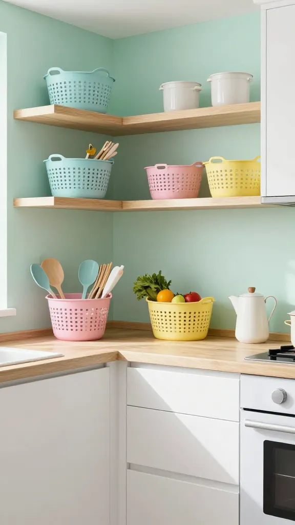 A high-quality, realistic eye-level photo of a charming and bright small kitchen, bathed in soft natural light. The kitchen features sleek white flat-panel cabinetry and light natural wood open shelving and countertops. A single accent wall, painted in a gentle pastel mint green, adds a playful pop of color. Strategically placed on the open shelves and a counter are several IKEA RISATORP baskets in varying pastel hues of baby blue, soft pink, and sunny yellow, neatly organizing kitchen tools and produce, adding both functionality and a delightful decorative touch. The overall aesthetic is utterly delightful and feels like a breath of fresh air, with a balanced infusion of sugary pastel sweetness against a clean white and light wood backdrop. Sharp focus on textures and details, no text.
