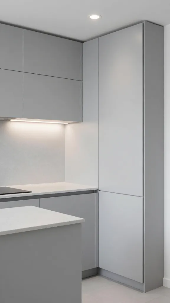 A high-quality, professional photograph capturing a sleek, contemporary small kitchen, meticulously designed to maximize space with ingenious IKEA-inspired tricks. The kitchen features a monochromatic light grey palette, showcasing matte, handleless flat-panel cabinetry (reminiscent of IKEA VOXTORP) that creates a seamless, uninterrupted flow. All appliances are fully integrated and discreetly hidden behind matching cabinet fronts, maintaining a pristine, minimalist aesthetic. A thin, light grey quartz countertop extends across the compact layout, complemented by a matching minimalist backsplash. Illumination comes from precise recessed ceiling spotlights and subtle under-cabinet LED strips, highlighting the clean lines. The overall design emphasizes extreme efficiency, sophisticated simplicity, and hidden storage solutions in a compact footprint, with no visible clutter. The scene is brightly lit, showcasing the polished, modern finish.