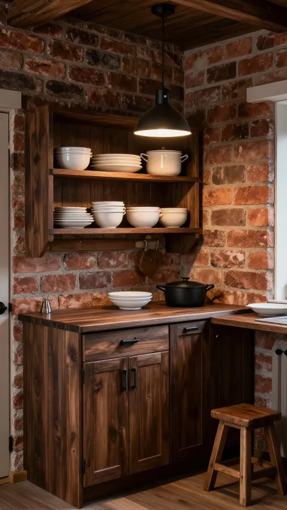 A realistic, high-quality photograph captures a snug, rustic cabin-style IKEA small kitchen. The focal point is a cozy corner featuring dark-stained IKEA IVAR open shelving and base cabinets, artfully arranged with simple, sturdy white ceramic dishes and cast iron cookware. An authentic exposed brick backsplash provides a rich textural backdrop, extending across the wall above a compact, dark wood countertop. A single black metal IKEA RANARP pendant lamp hangs centrally, casting a warm, inviting glow that highlights the earthy tones and natural wood textures throughout the space. A small, dark-stained wooden stool is tucked neatly into the corner, enhancing the mountain retreat atmosphere. Soft, ambient lighting emphasizes the rich materials and inviting charm.