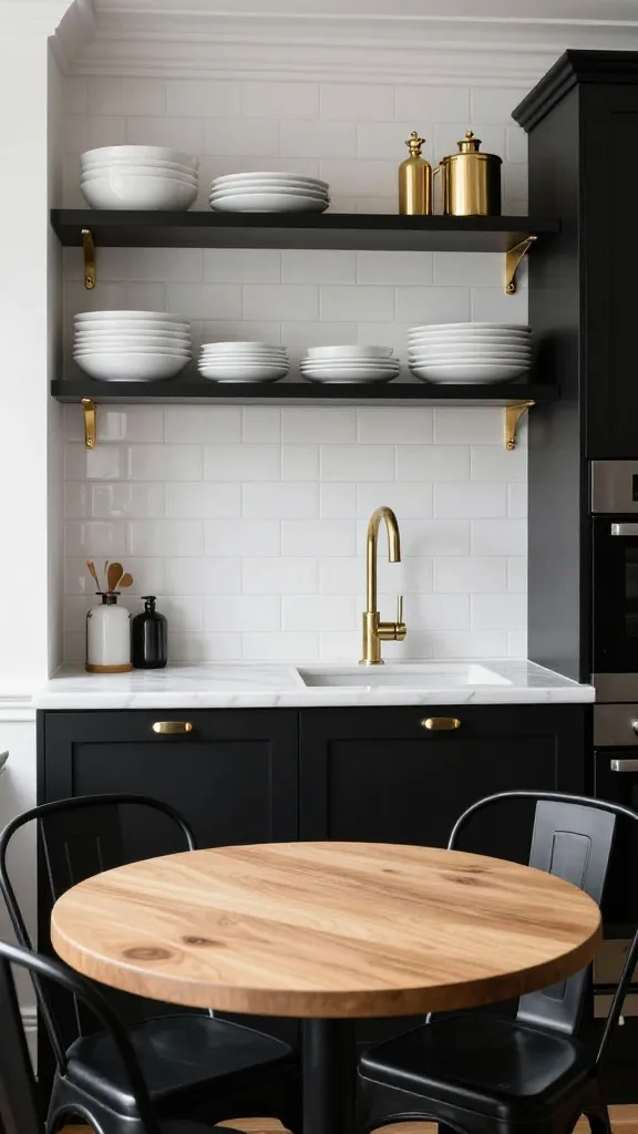 A high-quality, realistic photograph capturing a beautifully styled, small Parisian bistro-chic kitchen, designed with smart space-saving solutions. The kitchen features an elegant black and white color palette, accented by sophisticated brass and gold details. A pristine white subway tile backsplash covers the wall above a light, marble-effect laminate countertop, which gleams under soft, natural light. Above the counter, open shelving proudly displays neatly stacked white ceramic dishes and a few tasteful brass decorative elements. In the foreground, a compact, round light wood bistro table, evoking the style of IKEA's GAMLARED, is perfectly positioned with two sleek black metal chairs, reminiscent of IKEA's ADDE, creating an inviting dining nook. Brass fixtures, including a stylish faucet and cabinet pulls, add a touch of timeless luxury. The overall scene is charming, romantic, and demonstrates clever design for a small, functional kitchen.