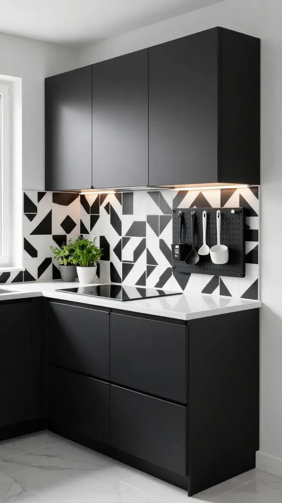 A high-contrast, modern IKEA small kitchen featuring sleek, matte black KUNGSBACKA cabinets with minimalist black hardware. The countertops are bright white with a subtle marble effect, similar to EKBACKEN, reflecting light. A bold, graphic geometric pattern in black and white covers the backsplash, extending to the floor tiles. A black IKEA SKÅDIS pegboard is mounted on a wall, neatly organized with a few black and white kitchen utensils and small potted herbs. The space is brightly lit by integrated under-cabinet lighting and natural light from a window, highlighting the sharp lines and sophisticated design. The overall aesthetic is impactful, functional, and demonstrates clever use of space in a compact footprint. Realistic, high-quality photo. No text.