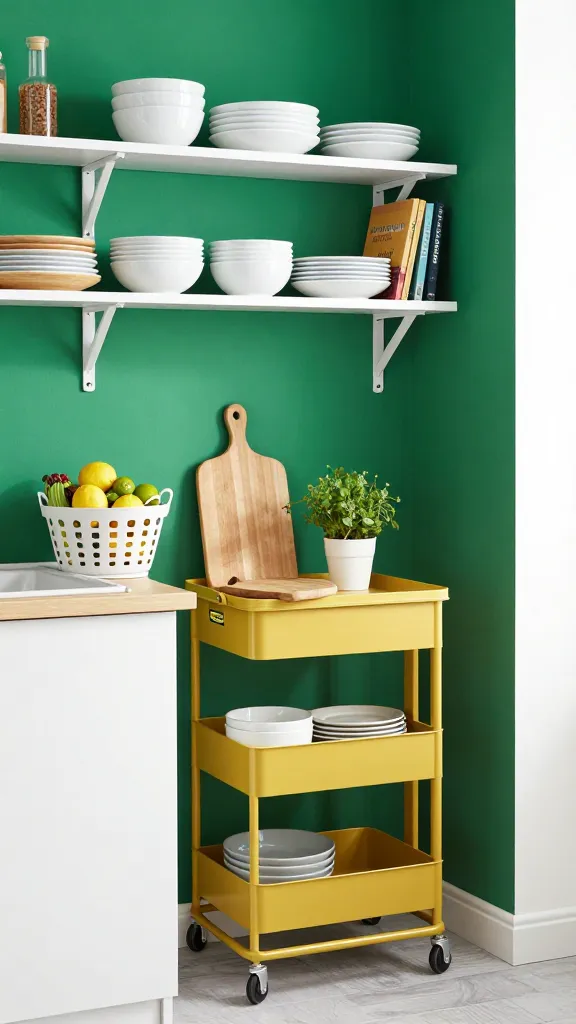 A high-quality, realistic photograph capturing a vibrant and compact IKEA kitchen. The focal point is a single, brightly painted emerald green accent wall that energizes the small space. Mounted on this wall are sleek white IKEA LACK open shelves, meticulously arranged with a curated collection of color-coordinated white and light wood dishes, along with a few colorful cookbooks. A multi-functional IKEA BEKVÄM kitchen cart, painted in a warm mustard yellow, stands prominently, acting as both a prep area and a compact dining spot, with a wooden cutting board and a small potted herb plant on its surface. A white IKEA RISATORP basket, filled with fresh, colorful produce like lemons and limes, sits on the counter beside a compact sink. The kitchen is bathed in bright, natural light, highlighting the clever use of color and efficient storage solutions, creating a lively and energetic culinary hub that feels like the true heart of the home despite its tiny footprint. No text.