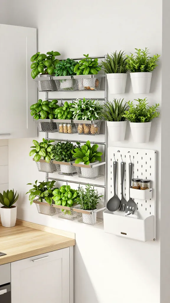 A high-angle, realistic photo capturing a bright, airy, and incredibly efficient small Ikea kitchen. The main focus is a sophisticated vertical garden and smart storage system covering a significant wall space. Prominently featured are KUNGSFORS stainless steel rails supporting mesh baskets overflowing with vibrant fresh herbs (basil, mint, rosemary), small shelves neatly displaying spice jars, and hooks holding sleek kitchen utensils. Adjacent to this, a white SKÅDIS pegboard system is integrated, showcasing customizable storage for small kitchen essentials. Several white BITTERGURKA hanging planters with lush green plants are suspended at varying heights, adding natural beauty. The kitchen cabinetry and countertops are in a light, neutral color palette (white and light wood tones), enhancing the feeling of openness and maximizing natural light. The overall aesthetic is clean, modern, and fresh, emphasizing functional elegance in a compact space. No text.