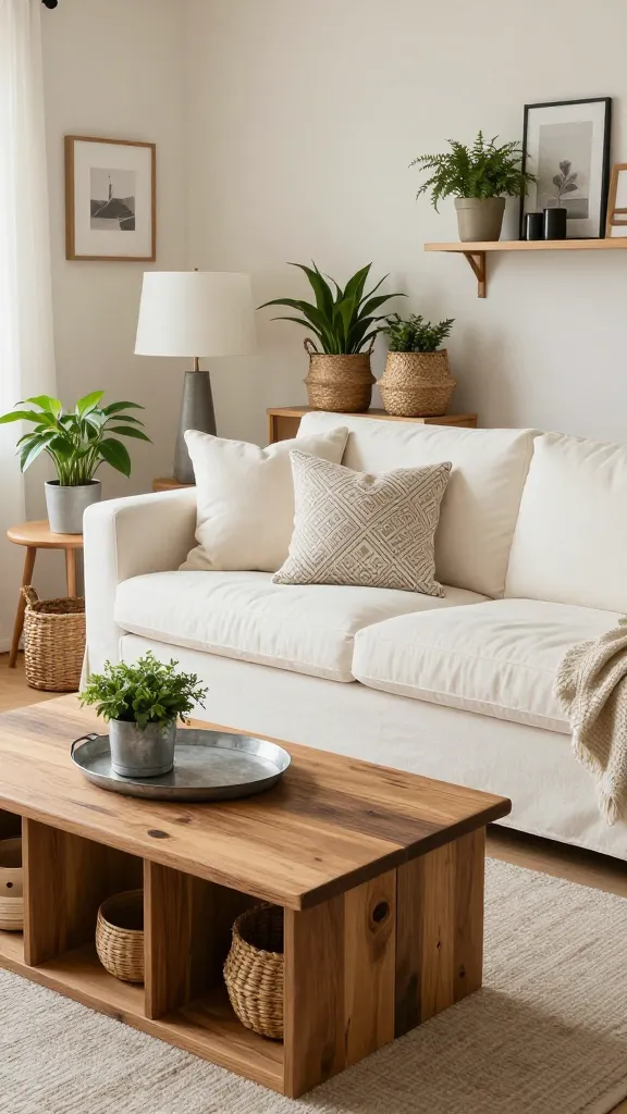 A high-quality, realistic photo of a Farmhouse Fresh & Modern living room, bathed in warm natural light. The centerpiece is a comfortable, creamy white IKEA UPPLAND slipcovered sofa, adorned with a mix of solid cream and subtle geometric print throw pillows. In front of the sofa, a chunky, rustic-modern coffee table created from an IKEA KALLAX unit with a warm-toned, distressed wooden top. Distressed wood accents are visible on a side table and a decorative wall shelf. Galvanized metal details are incorporated through a stylish planter and a decorative tray. Several woven baskets made of seagrass and rattan are strategically placed for storage and to hold lush green plants. The room features clean lines, a simple modern floor lamp, and minimalist wall art, creating a sophisticated yet cozy and current atmosphere. Professional interior photography, warm inviting tones, no text.