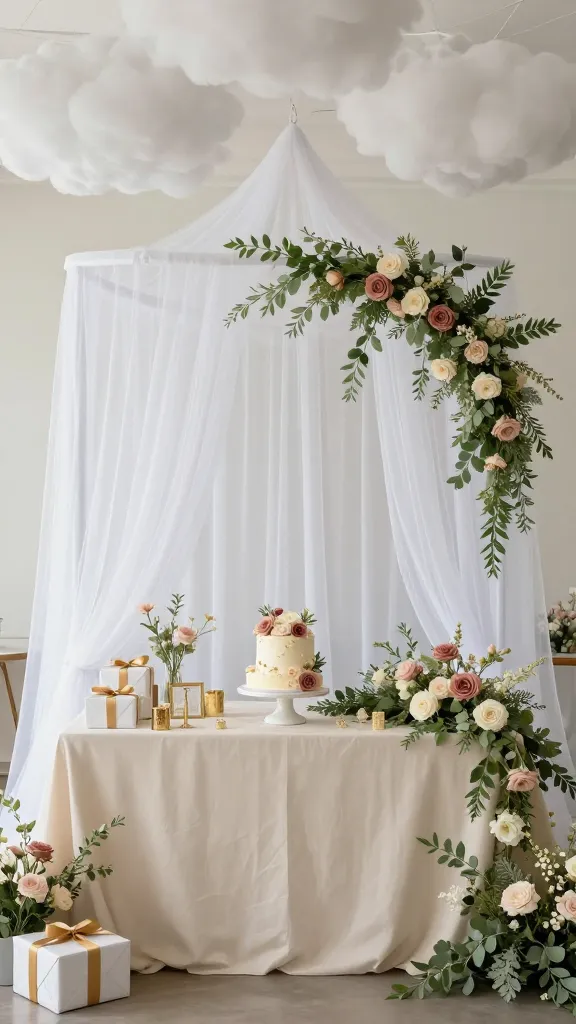 A high-quality, realistic photograph of a luxurious yet budget-friendly "Enchanted Garden Party Extravaganza" themed spring baby shower set indoors. The scene is bathed in soft, ethereal natural light. Overhead, a whimsical canopy of sheer white fabric (like voile) is elegantly draped from the ceiling, creating a dreamy, cloud-like effect. Abundant garlands crafted from lush sage green foliage and delicate dusty rose and cream blooms are intricately woven through the drapes and along the main dessert table. The table itself is adorned with a soft cream tablecloth, displaying an elegant, small baby shower cake decorated with edible flowers in dusty rose and cream, alongside a few beautifully wrapped gifts with gold ribbon accents. Subtle gold decorative elements, like small candle holders or a minimalist frame, add touches of sophistication. The overall ambiance is one of bespoke, whimsical charm, evoking a secret garden filled with magic and natural beauty. No text.