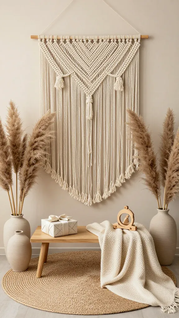 A high-quality, realistic photo of an exquisitely styled boho chic baby shower setting. A prominent, handcrafted DIY macrame backdrop, woven from cream rope on a light wooden dowel, hangs elegantly against a softly lit, neutral wall. Abundant faux pampas grass plumes fill tall, slender ceramic vases and smaller arrangements, creating soft, feathery textures. A round natural jute rug defines the central area, layered with a simple cream-colored woven blanket. Subtle baby shower details, such as a beautifully wrapped gift or a delicate wooden baby toy, are artfully incorporated on a low wooden table. The scene is bathed in warm, natural light, emphasizing earthy tones, relaxed elegance, and a handcrafted, inviting atmosphere. No text.