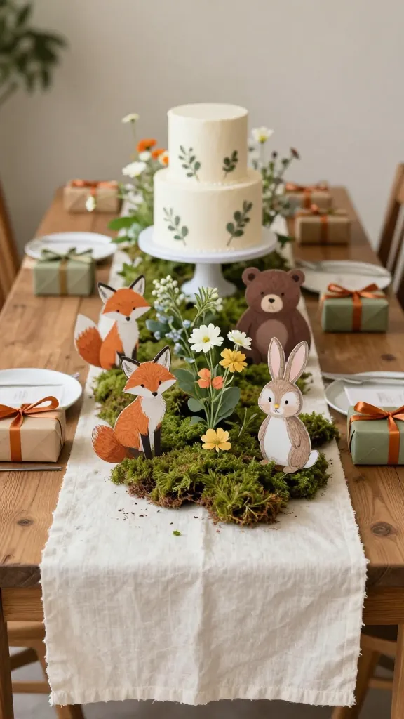 A beautifully styled, gender-neutral spring baby shower table centerpiece, embodying a whimsical woodland creatures theme. A rustic wooden table is covered with a creamy white linen tablecloth, topped by a lush moss mat serving as a table runner. Adorable cardstock cutouts of foxes, bears, bunnies, and owls are artfully arranged along the moss, nestled among small bundles of soft green foliage and delicate white and muted orange wildflowers. A small, elegant, two-tier cake, frosted in creamy white, features subtle edible woodland leaf decorations. Tiny, thoughtfully wrapped gift boxes in earthy browns, soft greens, and muted orange ribbons are scattered around. The scene is bathed in soft, warm natural light, creating an enchanted, storybook atmosphere that feels both personal and playful. High-quality, realistic photograph with a shallow depth of field focusing on the centerpiece.