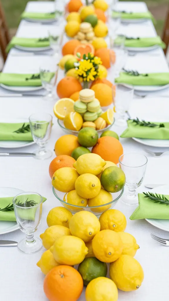 A high-angle, bright, and exquisitely styled close-up photograph of a sophisticated spring baby shower table setting. The table is draped with a crisp white linen tablecloth, serving as a clean canvas. Numerous clear glass vases and bowls are artfully arranged as centerpieces, overflowing with a vibrant medley of fresh, whole lemons, limes, and oranges, creating a fragrant and zesty display. Accents of bright lemon yellow and vibrant orange are subtly incorporated through delicate floral arrangements or small decorative elements like macaron towers. Touches of lime green appear in elegant cloth napkins folded beside each place setting or delicate sprigs of greenery. The overall atmosphere is cheerful, refreshing, and utterly delightful, bathed in soft, natural daylight, emphasizing the clean lines and fresh colors, evoking a sense of pure joy and celebration for a new arrival.