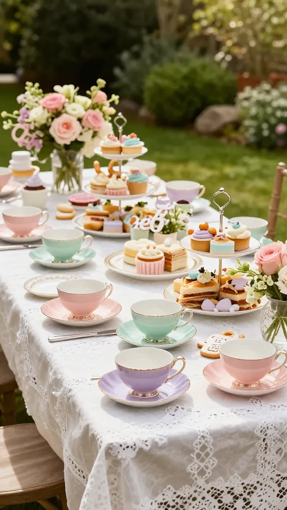 A high-quality, realistic photo of an elegant English tea party table set for a spring baby shower in a sun-dappled garden. A long table is draped with multiple delicate white lace tablecloths, creating a luxurious layered look. It's adorned with an eclectic collection of mismatched vintage teacups and saucers in soft blush pink, mint green, and lavender, each featuring subtle gold detailing. Tiered stands display delicate pastel-colored desserts and finger sandwiches. Small arrangements of fresh spring flowers like roses and hydrangeas in matching pastel hues are interspersed. Subtle hints of a baby shower are present, such as a tiny, elegant "Oh Baby" sign or delicate baby-themed cookies. The scene is bathed in warm, soft natural light, evoking a refined, charming, and traditional atmosphere. No text.