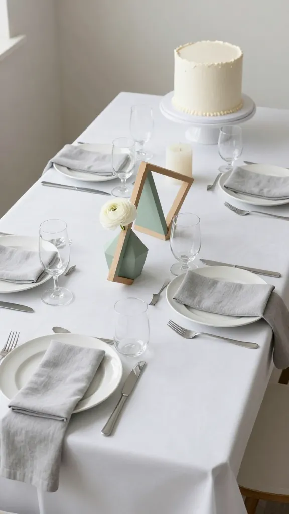 A high-angle, professional photograph of a minimalist modern spring baby shower table setting. A long table is draped with a crisp white tablecloth, featuring individual place settings with clean-lined white plates, simple silver cutlery, and delicate glassware. The centerpiece is a sophisticated DIY geometric sculpture crafted from light natural wood and painted in a muted sage green, accompanied by a small, elegant white pillar candle and a single delicate white ranunculus bloom. Soft grey linen napkins are neatly folded at each setting. At one end of the table, a small, perfectly smooth white baby shower cake with a subtle blush accent sits on a simple white cake stand. The scene exudes serene, understated elegance with a focus on quality and clean lines, bathed in soft, natural light, no text.