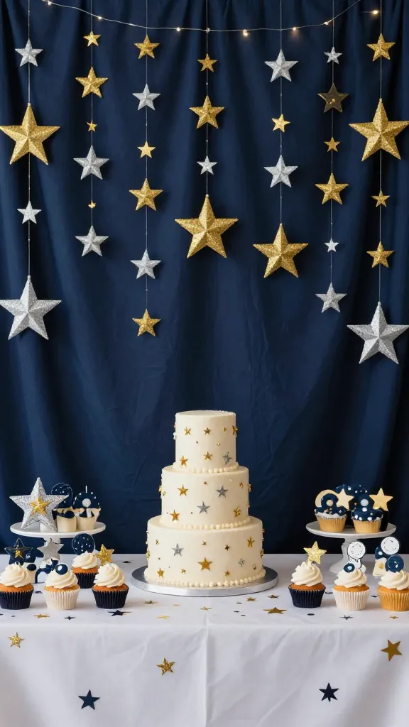 High-quality, realistic photo of an elegant "Twinkle Twinkle Little Star" themed baby shower dessert table. The focal point is a deep navy blue fabric backdrop, draped softly, adorned with numerous handmade star garlands. These garlands feature sparkling gold and shimmering silver cardstock stars of varying sizes, creating a sense of dimension and celestial depth. On a crisp white tablecloth, a beautifully decorated multi-tiered cake takes center stage, frosted in creamy white with delicate gold and silver star accents. Surrounding the cake are an assortment of celestial-themed cupcakes and small, elegant baby shower favors, all adhering to the deep navy, gold, silver, and creamy white color palette. Scattered across the table are additional small gold and silver star cutouts, reflecting the soft, magical glow from subtle fairy lights woven into the backdrop. The overall atmosphere is enchanting, whimsical, and sophisticated, filled with wonder and anticipation. No text on the image.